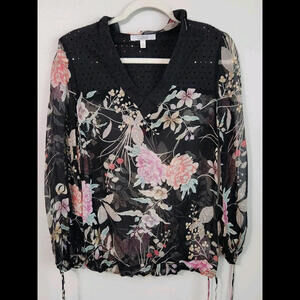 Cache Luxe Top Extra Small 100% Silk Hooded Sheer Black Floral Y2k 90s